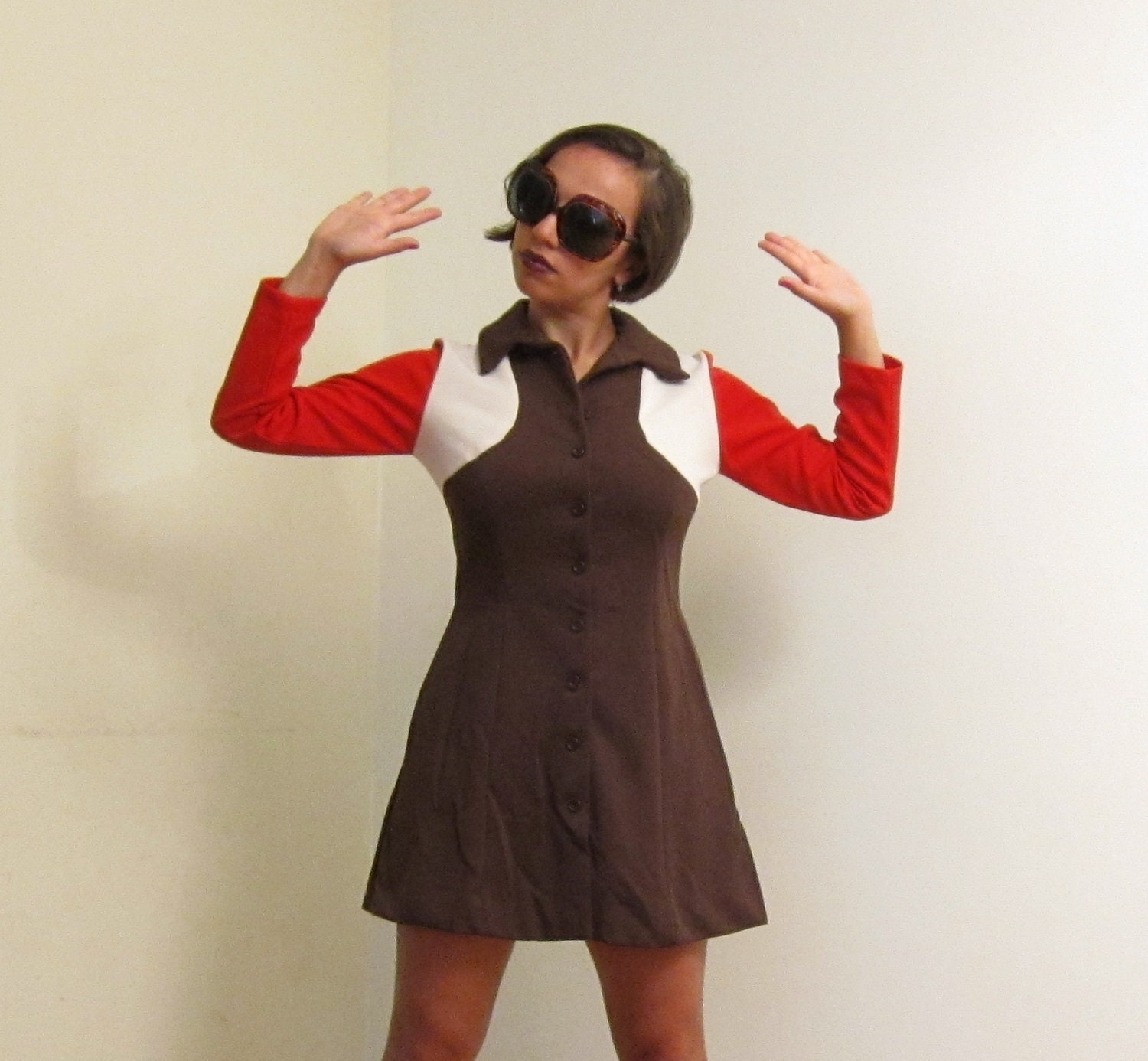 Vintage 1960s Day Dress in Colorblock Orange Brown Ivory, Buttondown A line