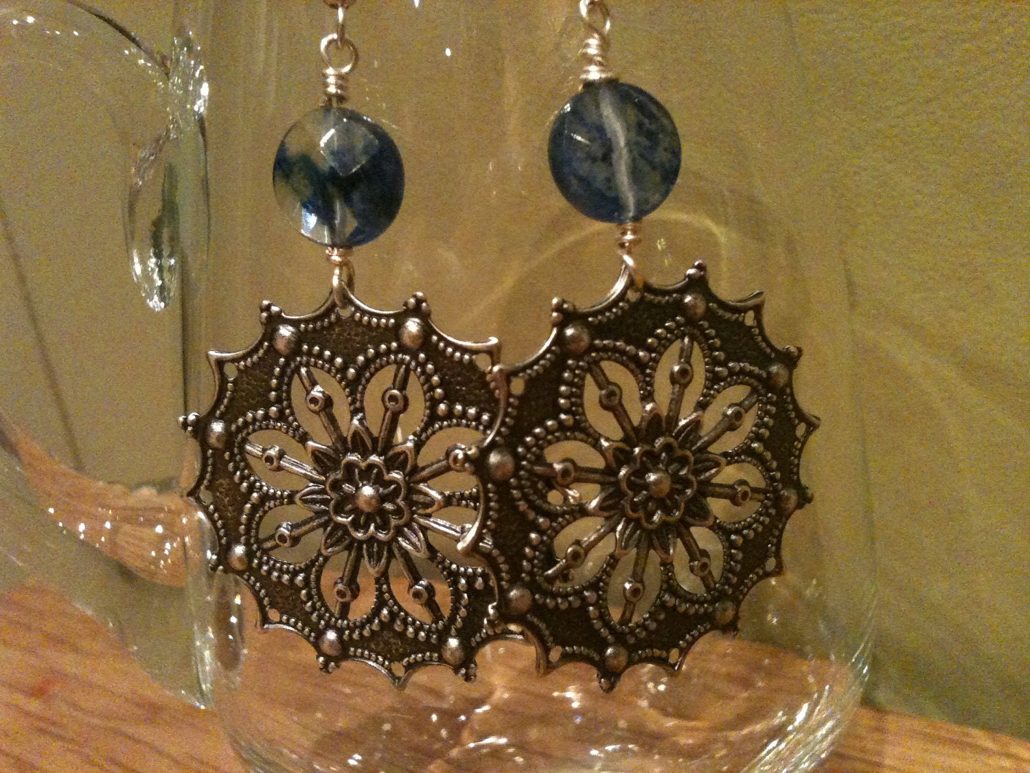 SALE ANTIQUED Silver Plating Flower Earrings Dangle / Blue Glass Beads