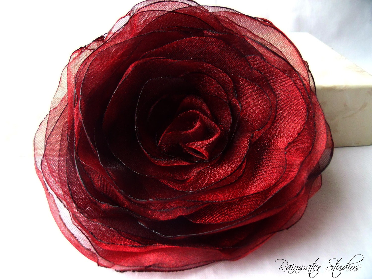 Wedding Hair Flower- Red/Black Organza Rose Hair Flower, Bridal Accessory, Made To Order