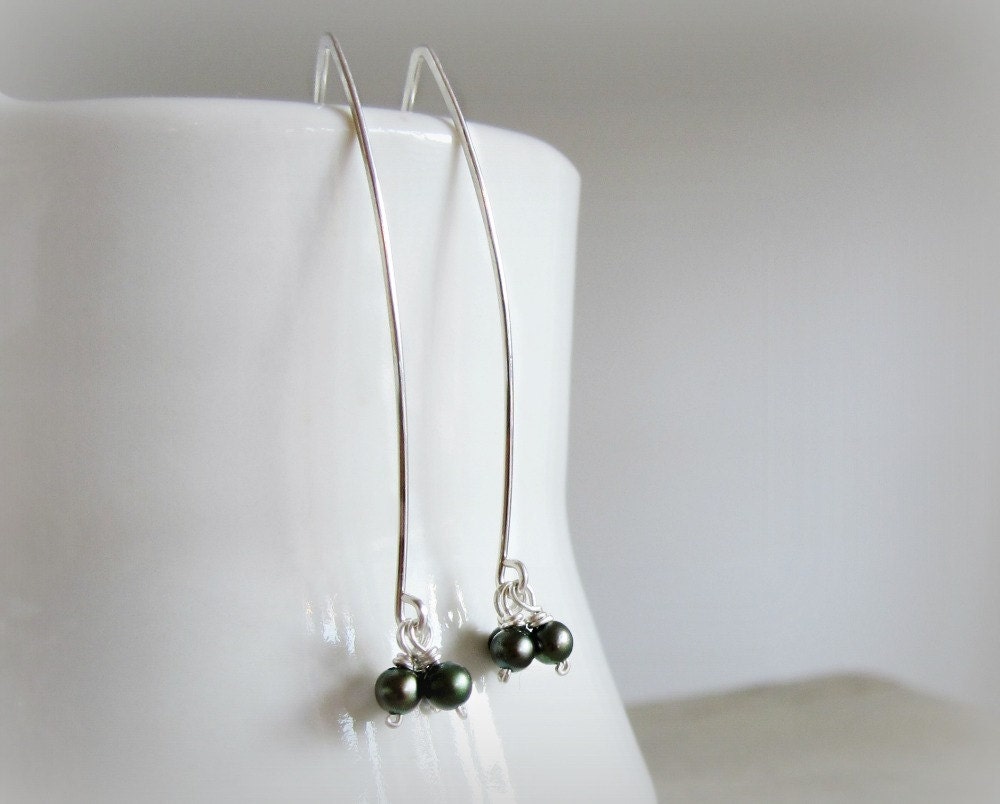 Dark Green Pearl Earrings // Wire Wrapped Freshwater Pearl Sterling Long Wires