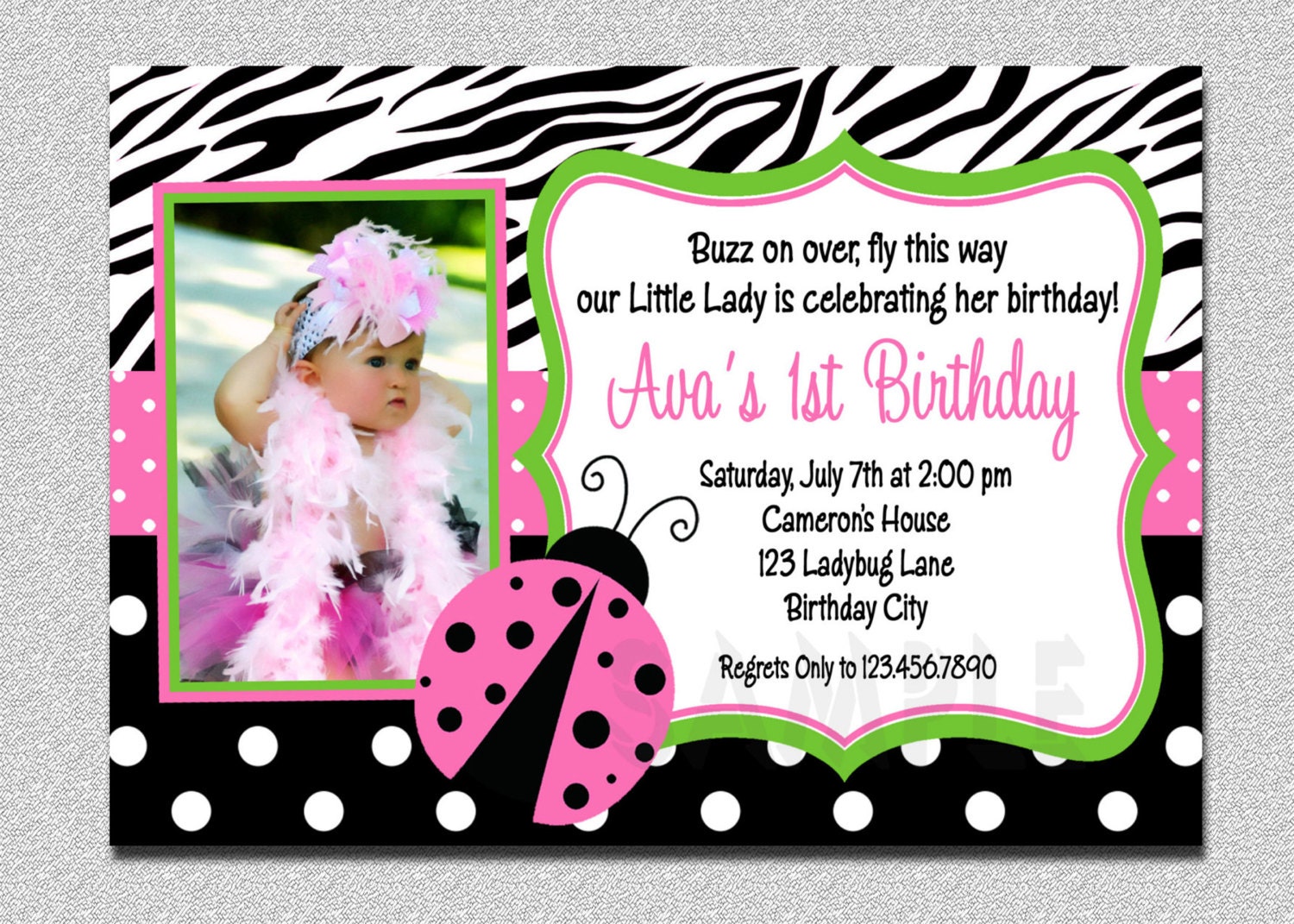 Zebra Pink and Green Ladybug Birthday Invitation Ladybug Birthday Party Invitation Printable Il_570xn