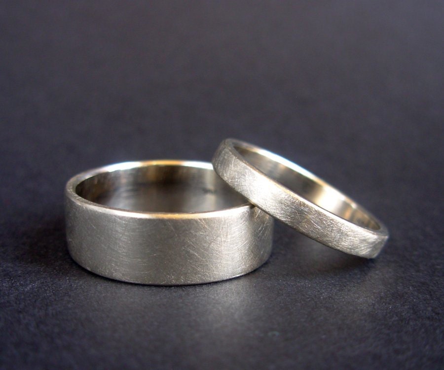 Set of Two 14K White Gold Bands - brushed gold unisex wedding band