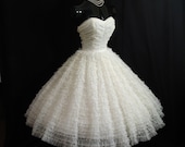 Vintage 1950's 50s Cupcake STRAPLESS White Tiered Chiffon Organza Lace Party Prom Wedding DRESS Gown