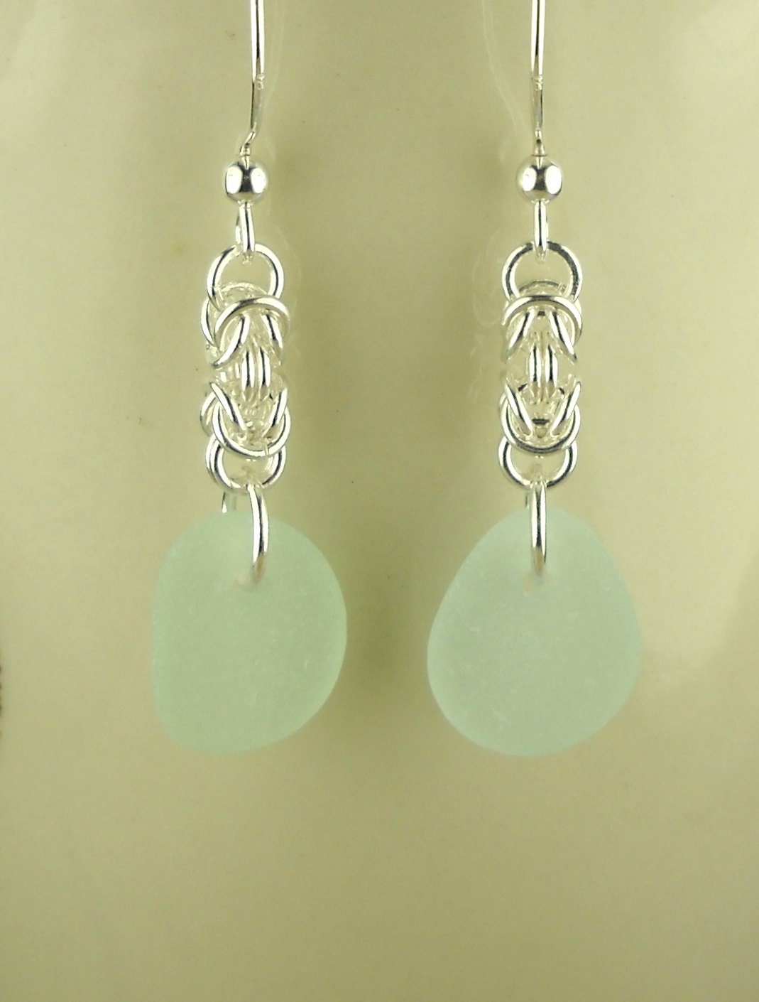 GENUINE Sea Glass Earrings Aqua Silver Handmade Chainmaille