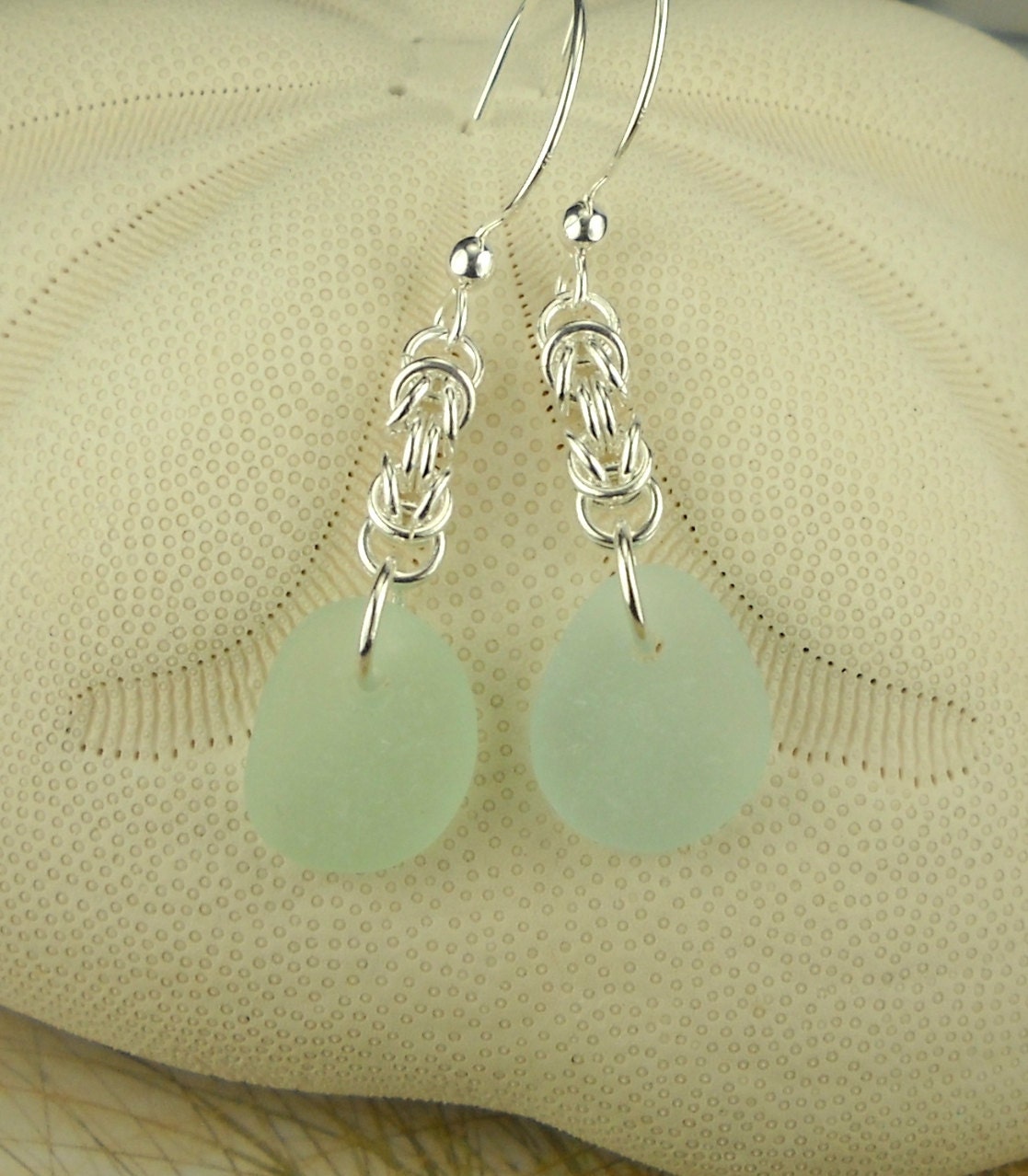 GENUINE Sea Glass Earrings Aqua Silver Handmade Chainmaille