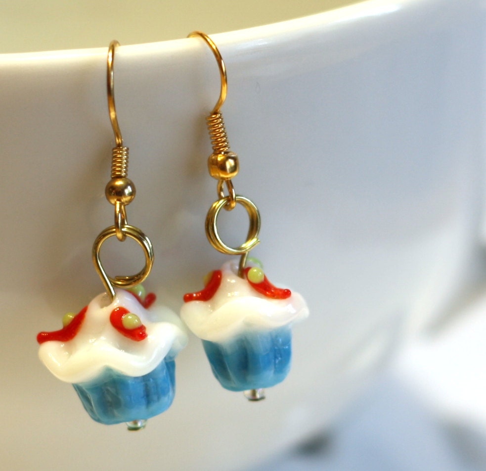 Blue Cupcake Earrings with Strawberry topings Lampwork Bead Earring