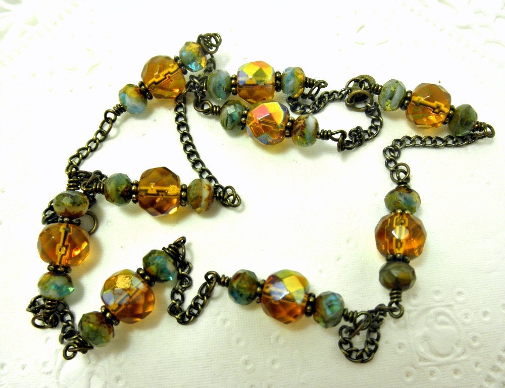 Bohemian Aqua and Amber Picasso Finish Bead & Amber Glass Bead Necklace