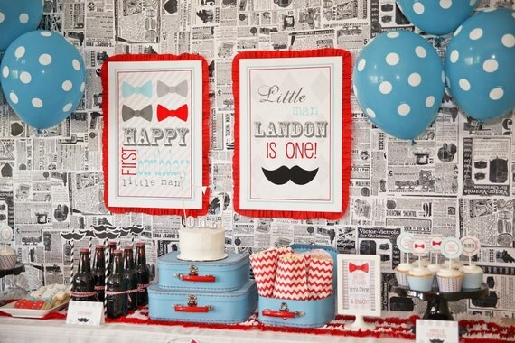 Little Man Bow Tie Mustache Bash Printable Party Signs - Birthday Party or Baby Shower - Petite Party Studio Il_570xn