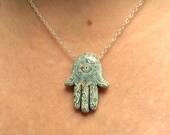 Hamsa hand and evil eye necklace.  Raku pottery.  Sterling silver chain.  Protection.  Everyday.