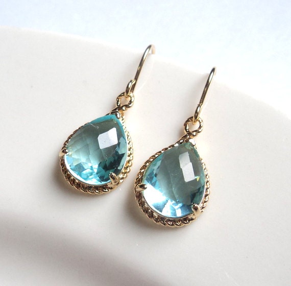 Aquamarine blue topaz glass gold tear shape dangle drops french wire earrings.  Bridal earrings.  Bridesmaids earrings.  Wedding jewelry.