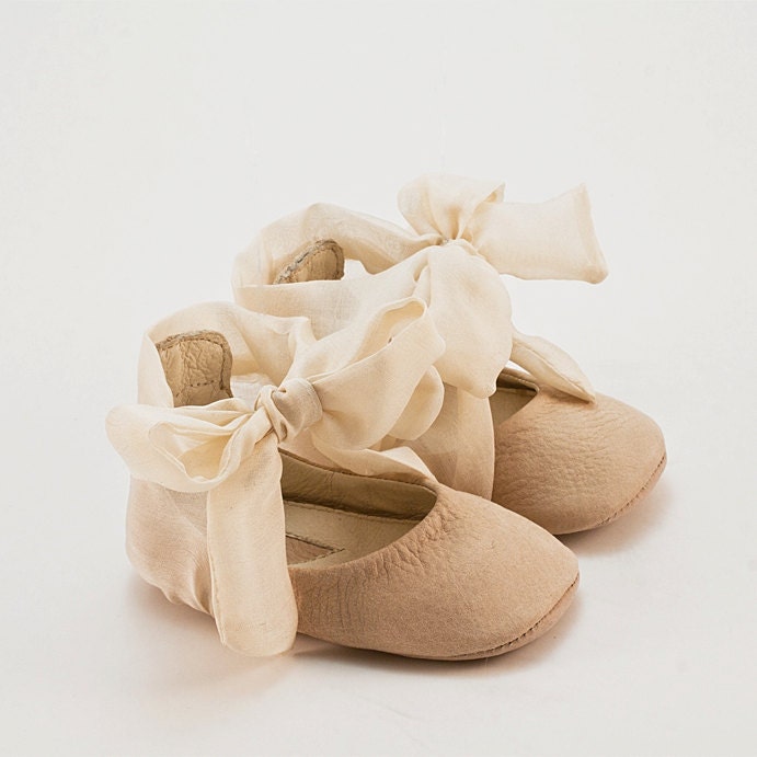Beige leather baby shoes with shirred silk -eco friendly