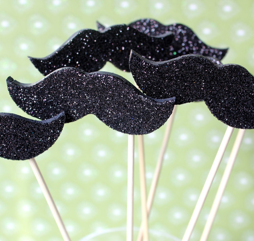 12 WOODEN Glittered Mustaches on a Stick Photo Booth Props BLACK GLITTER