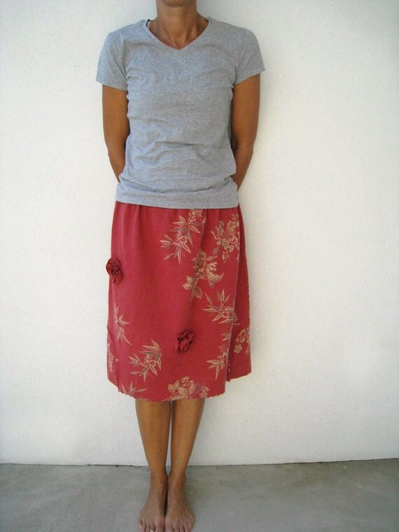 T Shirt Skirt for Her / Recycled Upcycled / Cotton Tee / Brick Red Rust Tan / Floral Design / Drawstring / Soft / Fun / by ohzie