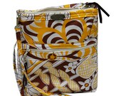 Small crossover //  brown // yellow // white // upcycled // adjustable strap // zip top