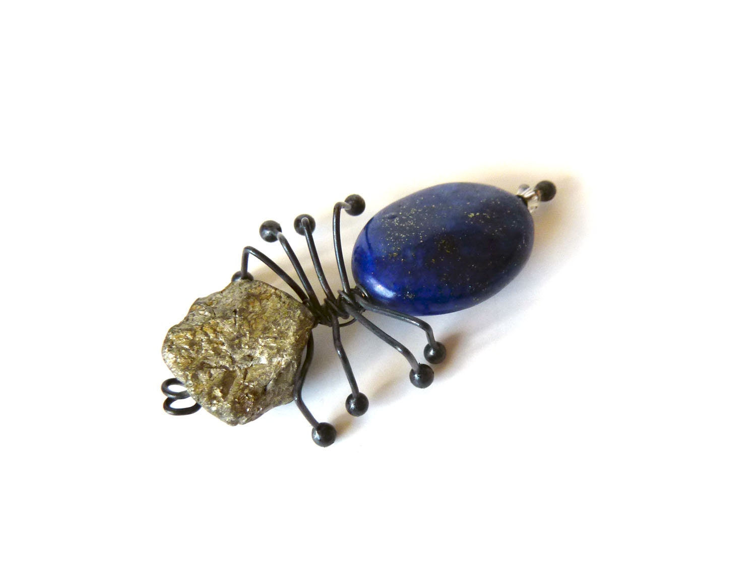 Lapis and Pyrite Spider - Oxidized Sterling Silver - Brooch, Bouquet Decoration, or Hair Pin - Spider Jewelry -Tagt