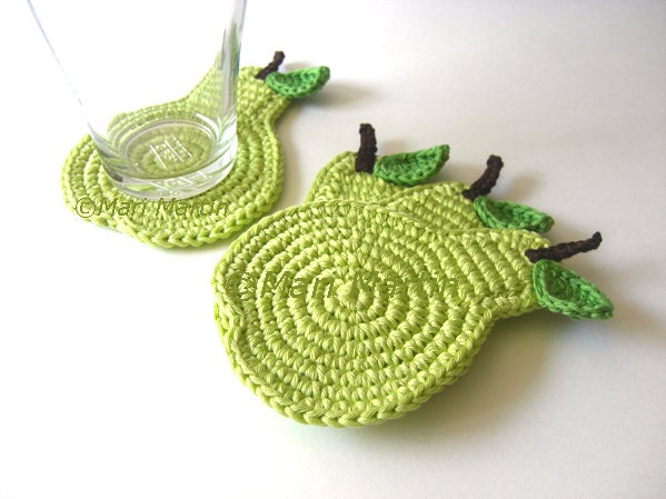 Crochet Coasters Green Light Pear . Beverage Drink Pastel Peridot Lime Leaves Vegan Decor Crochet Fruit Collection - Set of 4
