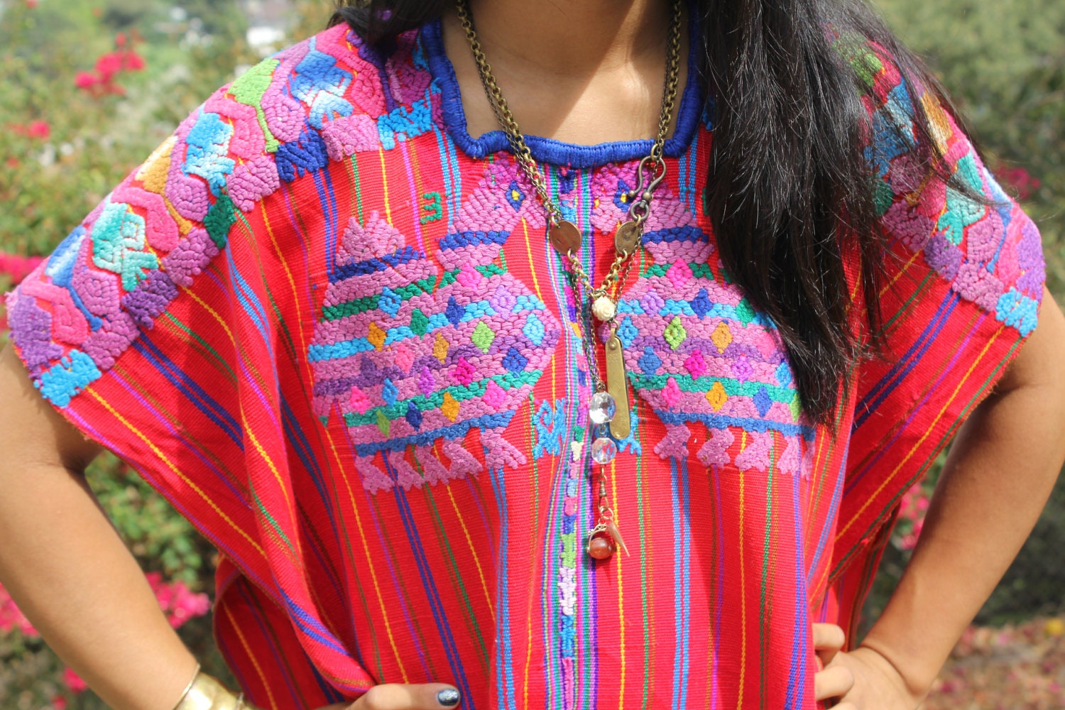 Awesome Folk Art Gypsy Hand Embroidered Huipil Poncho Circa 1960s 1970s