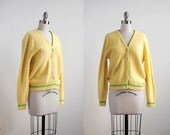 yellow & green cardigan 1960's. striped 60. bright. preppy. medium. vintage yellow sweater 60.