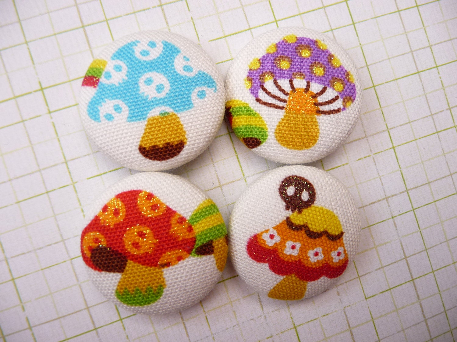 4 kawaii Japanese mushroom handmade fabric covered buttons 1 1/8 inches