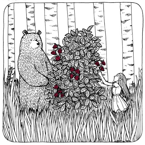 Berry Picking - Raspberries and a Bear print of an Original Illustration