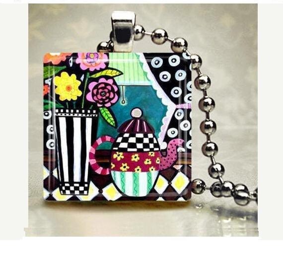 Flower Jewelry Teapot Pendant Necklace Glass Harlequin Charm Necklace Silver Glass Christmas Gift abstract - Wedding Gifts