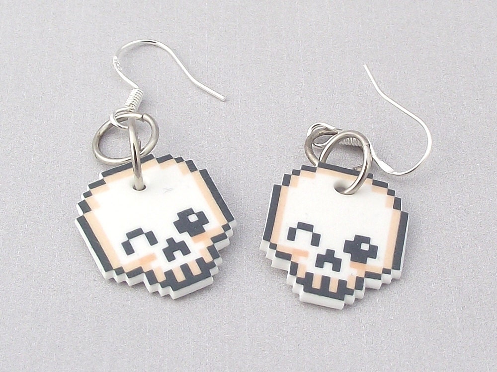 Winking Pixelated Skulls Earrings (with sterling silver hooks)