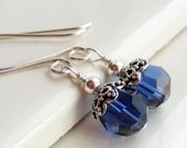 Sapphire Blue and Sterling Silver Earrings. Navy Earrings. Wire Wrapped Sterling Silver Jewelry