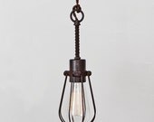 Oval Wire Bulb Cage Pendant Light Trouble Lamp Vintage Industrial Rustic Modern // Vintage Style Cloth Covered Twisted Cord & Bakelite Plug
