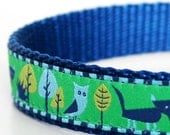 Fox and Owl on Green Dog Collar / Ajustable pet collar