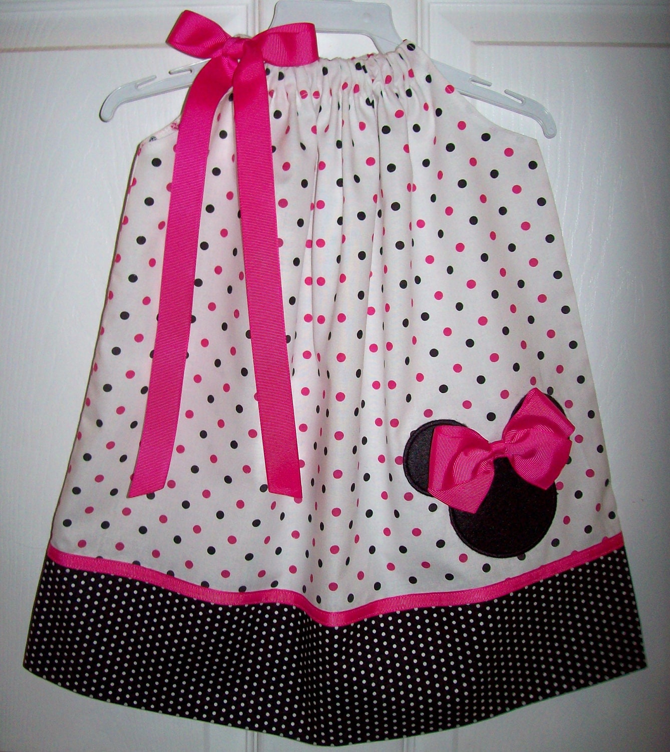 Minnie Mouse Pillowcase Dress Hot Pink Black Dots by molliepops