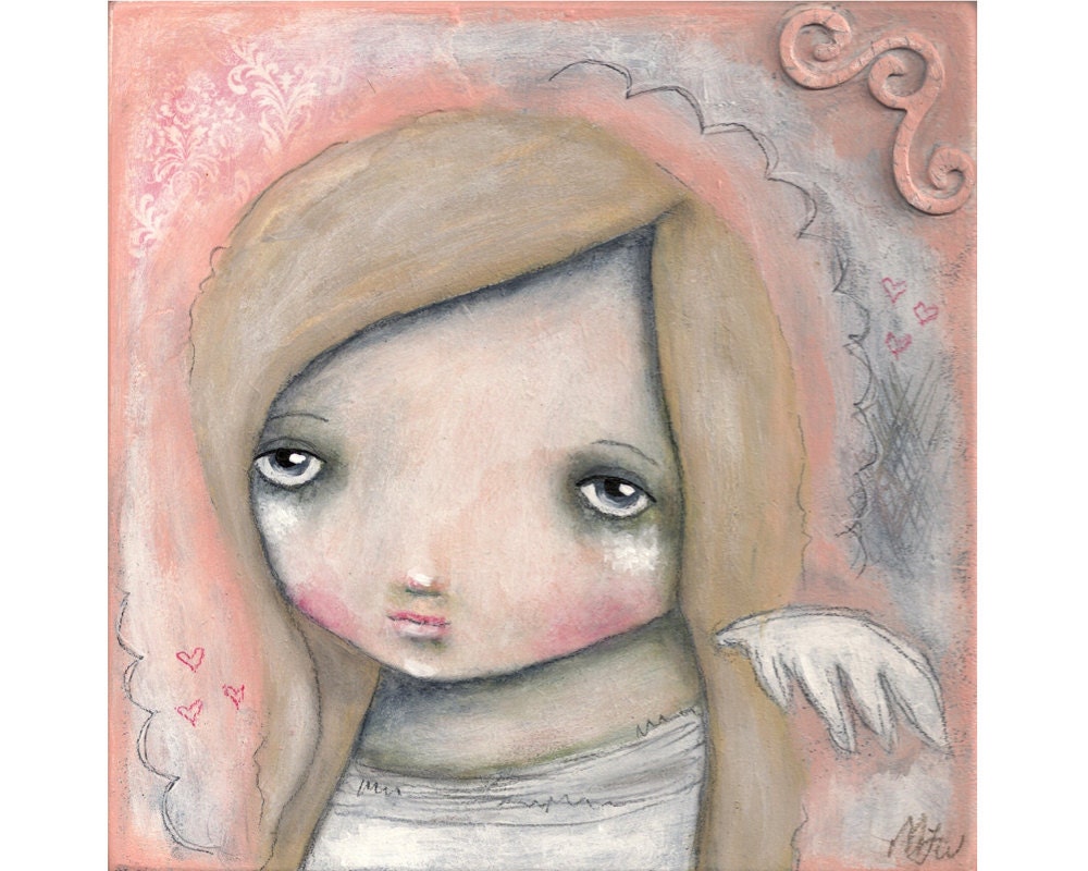 folk art painting girl whimsical angel acrylic whimsical art Christmas original painting Mixed media painting on wood - I Believe