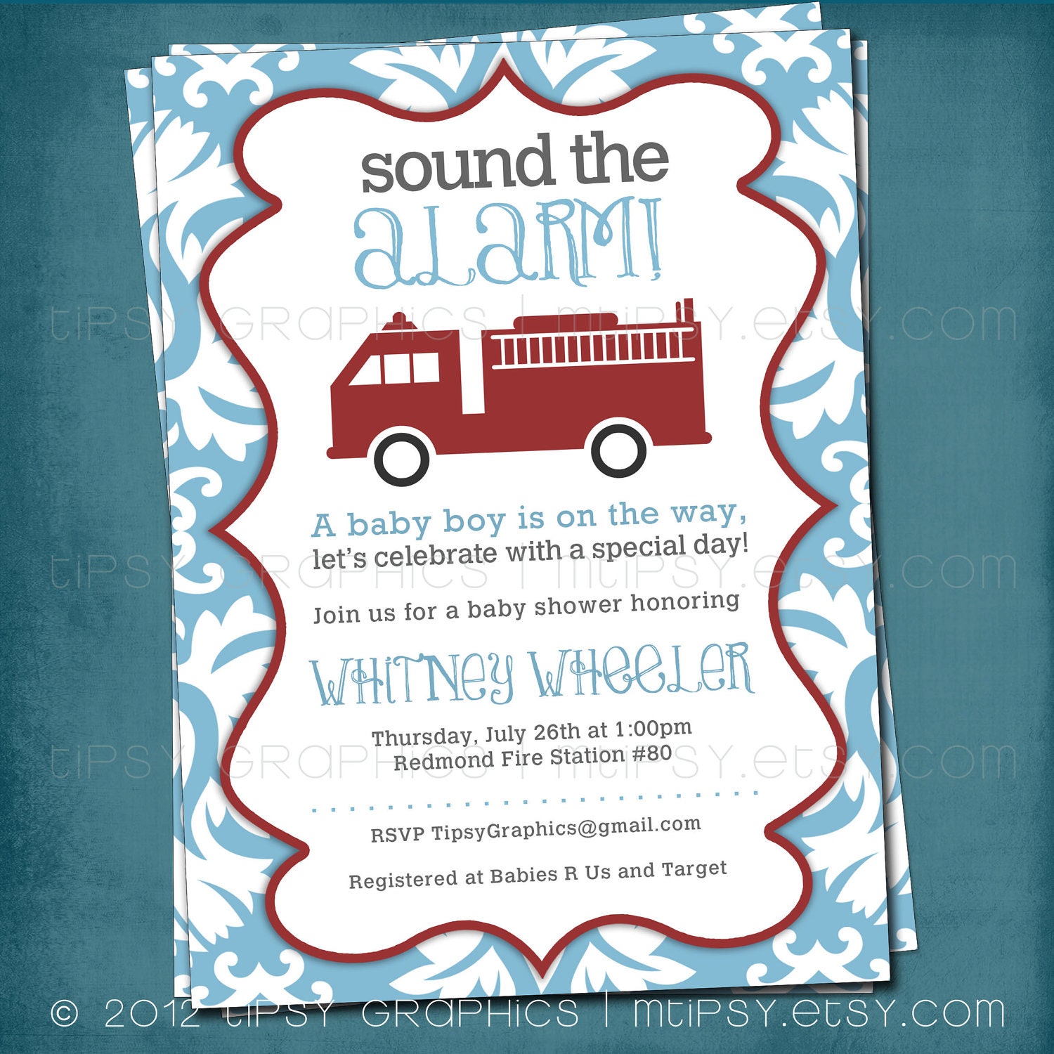 Sound the Alarm. Blue Damask, Little Red Firetruck Baby Shower or Party Invite by Tipsy Graphics. Any colors Il_170x135
