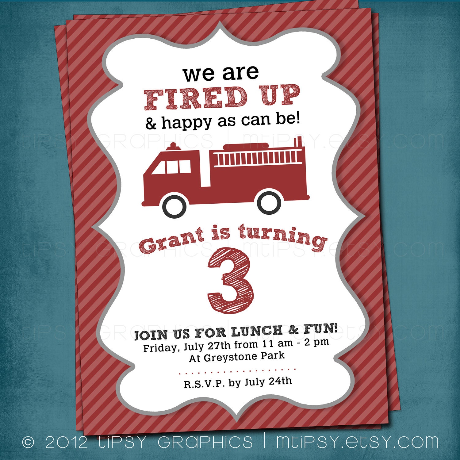 Fired Up. Little Red Firetruck Baby Shower or Birthday Party Invite by Tipsy Graphics. Any colors Il_570xn