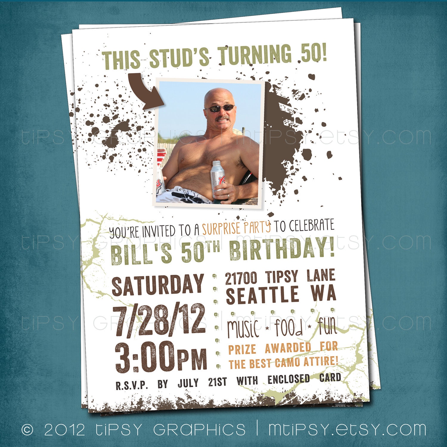 This Stud is Turning 50. Dirty Camo Milestone Surprise Birthday Invite by Tipsy Graphics. Any age Il_570xn