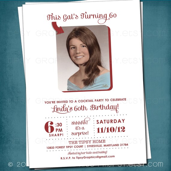 This Gal's Turning 60. Modern Milestone Surprise Birthday Party Invite Perfect with Old School Photo by Tipsy Graphics. Any age, any colors Il_570xn