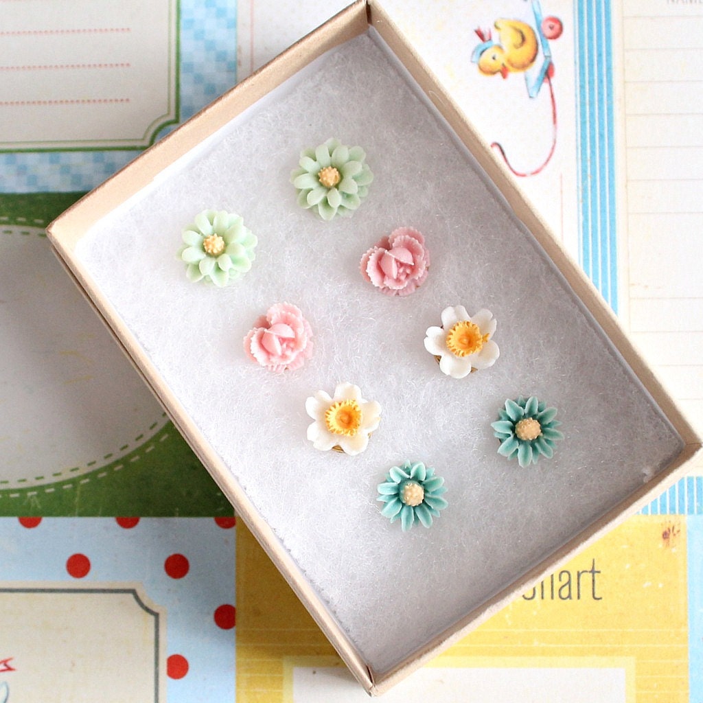 Girls Romantic Pastel Flower Post Earrings Set