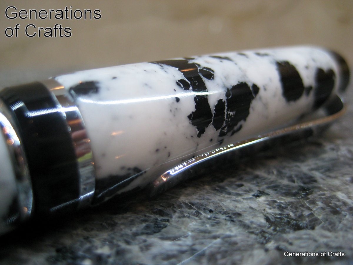 Cigar Pen - TruStone Ballpoint - Chrome - Black and White Dalmatian Spots - Unique Gift - Birthday Gift