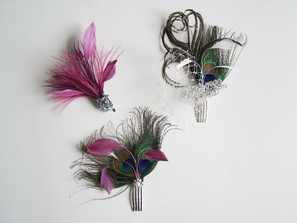 Sangria and Peacock Bridal Party Hairpiece Set - Sangria and Peacock Feather Fascinator Set