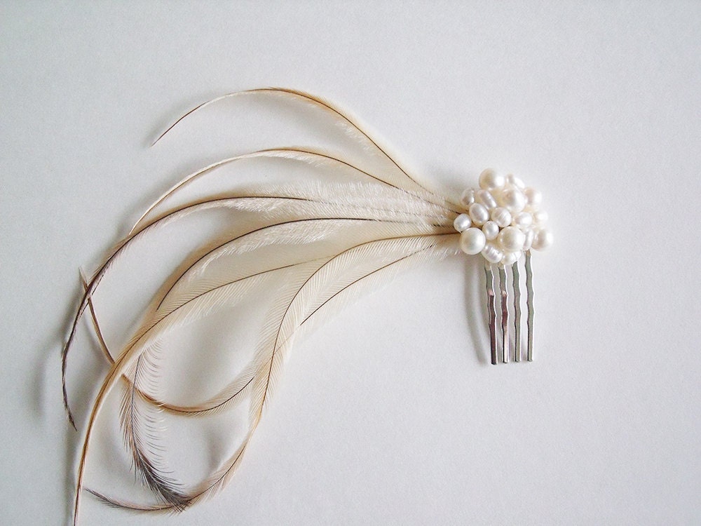 Blond Emu Bridal Feather Headpiece With Freshwater Pearl Cluster