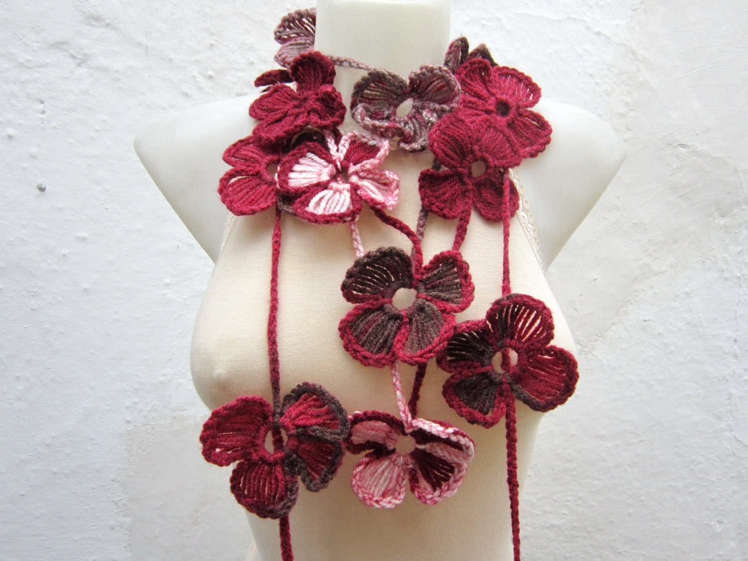 Hand crochet Lariat Scarf  Brown Pink Burgundy   Flower Lariat Scarf Colorful Variegated Long Necklace  winter fashion