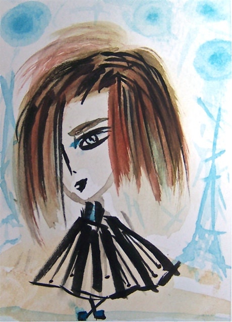 Maya in Paris- ACEO Original Watercolor, Ink and Marker on Archival Paper -Black White Rust Brown Sky Blue and Beige