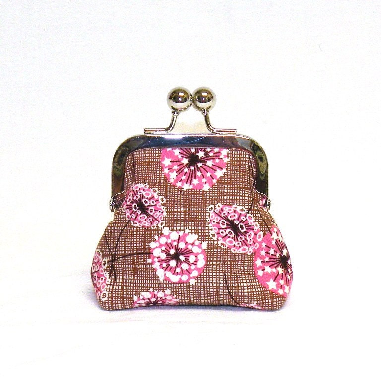 Happy Little Coin Pouch  pink and white flowers on brown and white woven pattern background