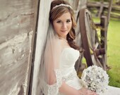 32 inches single tier waist length with 4 inch Alencon lace wedding veil, bridal veil -  in white, light ivory, and ivory