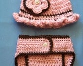 Crochet Baby Hat, Diaper Cover Set, Newborn Crochet Hat, Diaper Cover Set, Infant Diaper Set, Pink And Brown, Gift