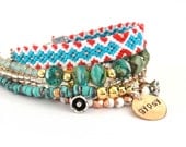 Gypsy multiple strands beaded bracelet in turquoise and coral - bohemian hippie jewelry - friendship bracelet with rhinestones