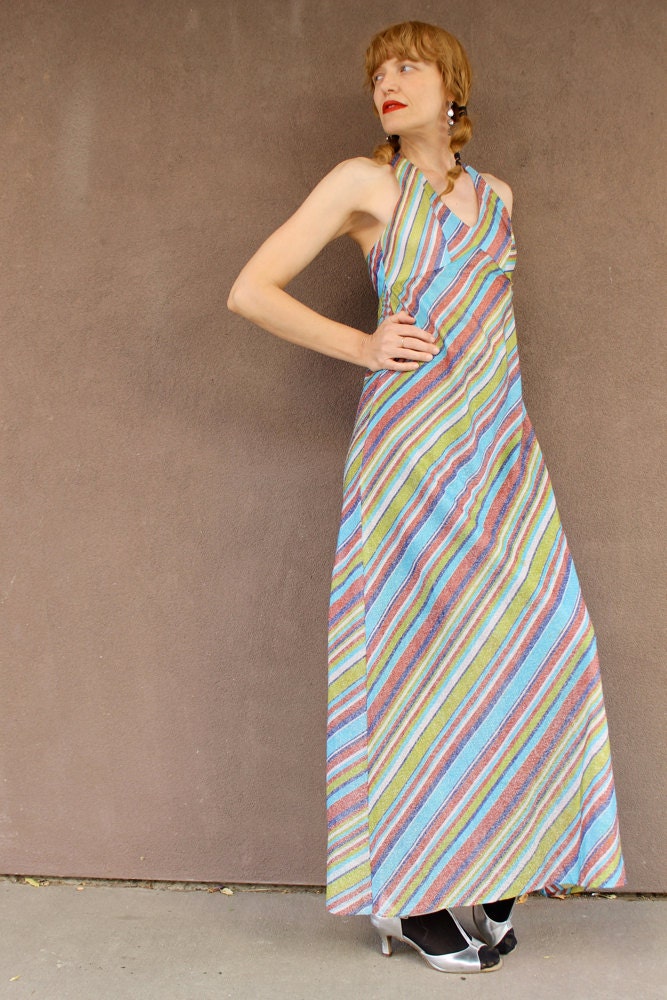Vintage 1970's  Striped Glitter Sheer Maxi Dress FESTIVAL FASHION