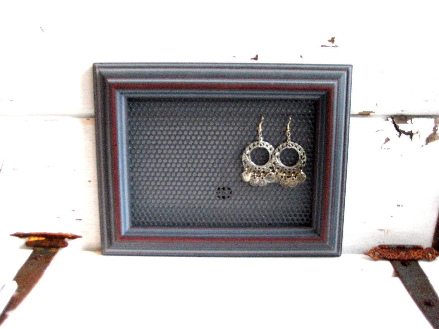 Rustic Framed Earring Display, Jewelry display organizer, grey wood frame with accent trim color