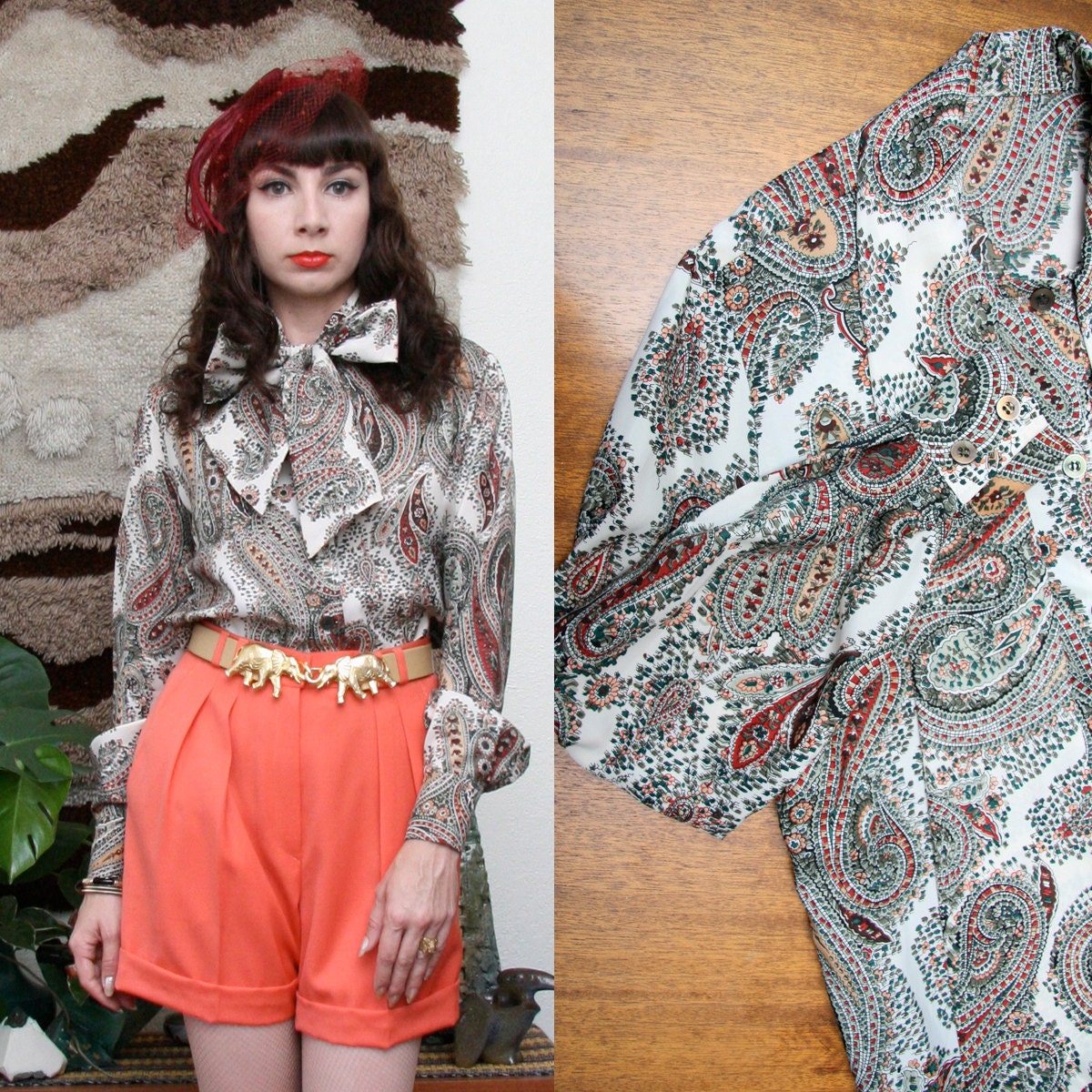 Vintage 70s 80s Paisley Print Blouse w/ Ascot Tie Medium-Large