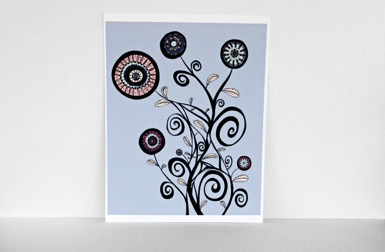 50% OFF SALE: Large Spirals and Leaning Flowers in Gray Blue 8x10 Print
