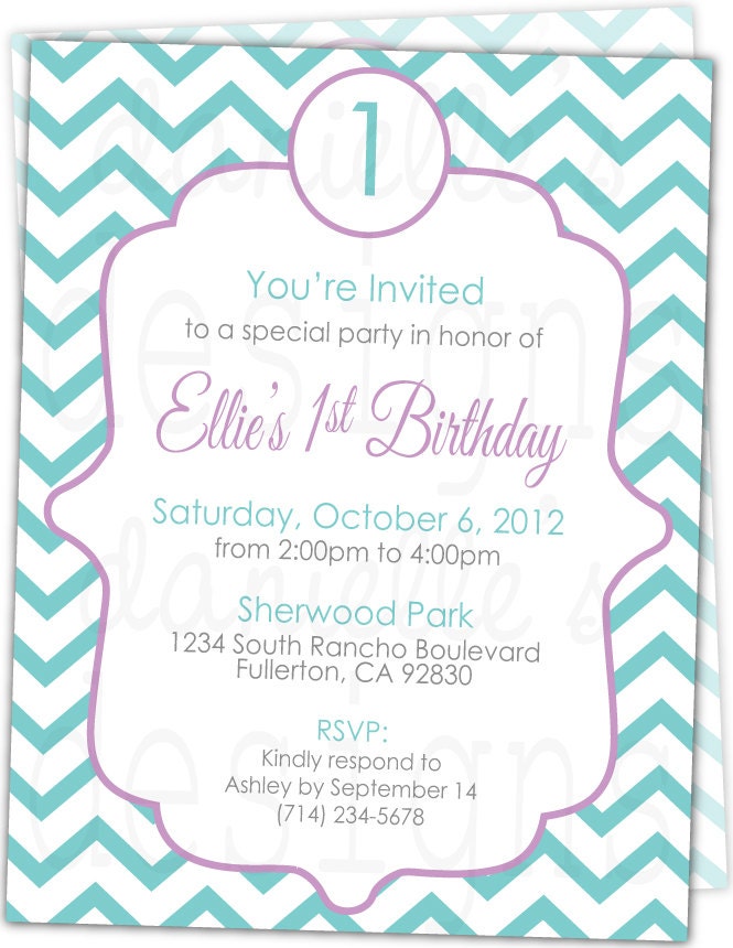 Aqua and Lavender Modern Chevron Personalized Birthday Invitations - Girl Birthday - 1st Birthday - Printable Digital JPEG File